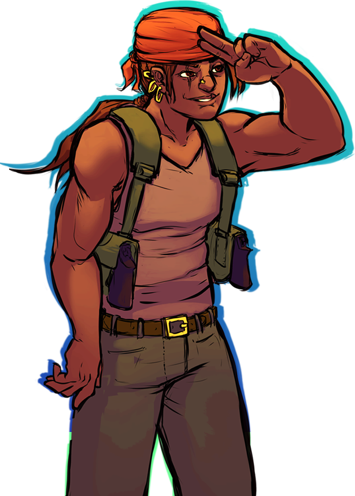 Portrait of Sidra Karim, one of the characters in Waves of Steel. She is a muscular Indian woman, with a pair of pistols in a harness. She is giving a saucy salute.
