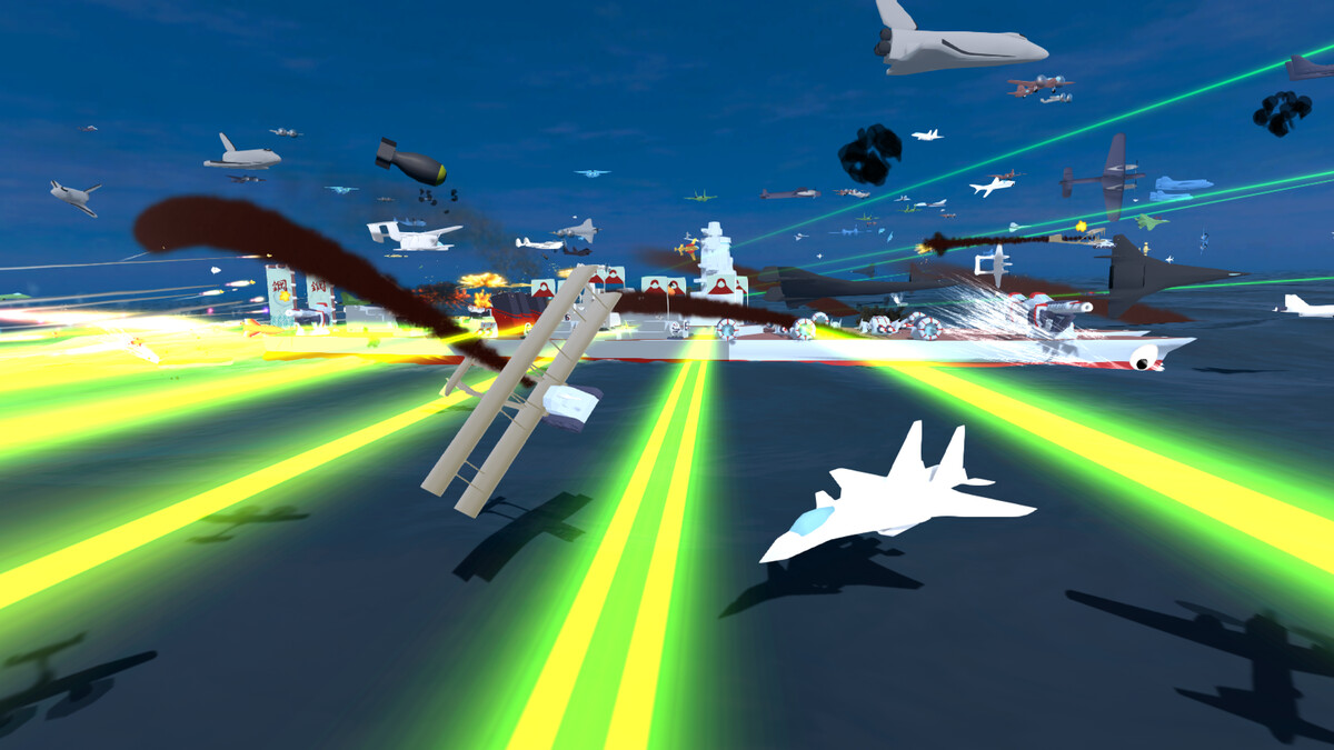 Screenshot of Waves of Steel, showing enemy aircraft being shot down by lasers, fired by the player's ship.