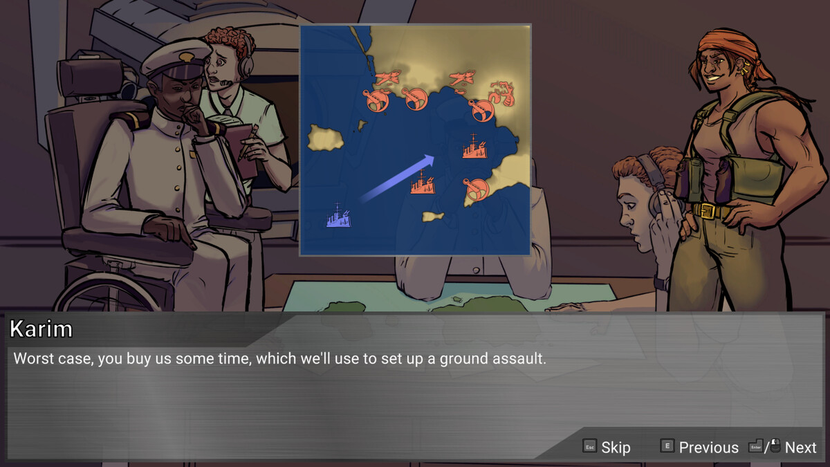 Screenshot of Waves of Steel, showing a briefing before combat. A map of the terrain is visible, with many enemies marked. A character is saying "Worst case, you buy us some time, which we'll use to set up a ground assault."
