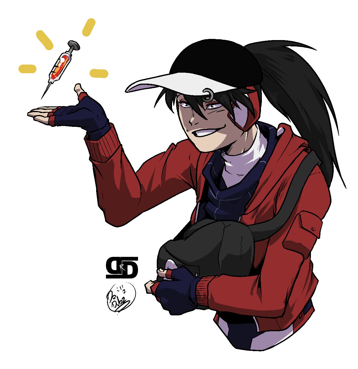 Picture of Fox, one of the characters in Torment Hexus. She is cheekily offering a syringe of glowing red goop from her courier bag.