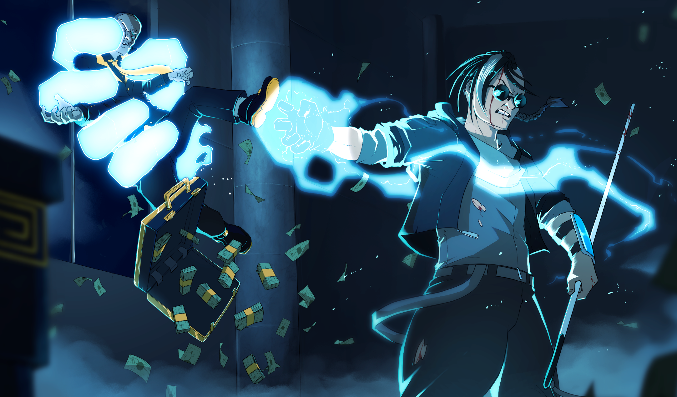 Dramatic illustration of a person gripped by a magical hand, being thrown out of a window by a furious person in the foreground.