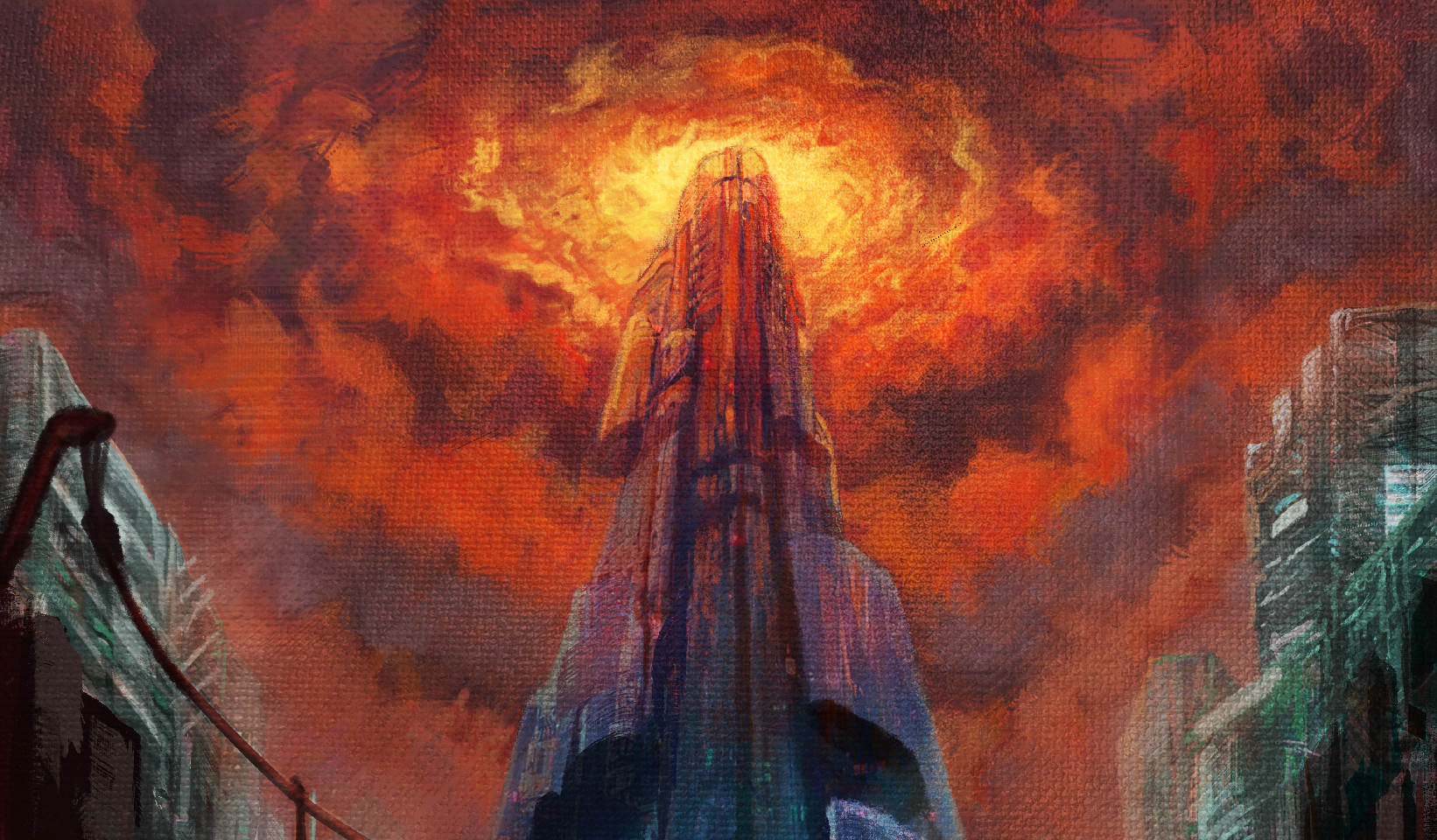 A cyberpunk tower rises above the slums, its top piercing the red clouds.
