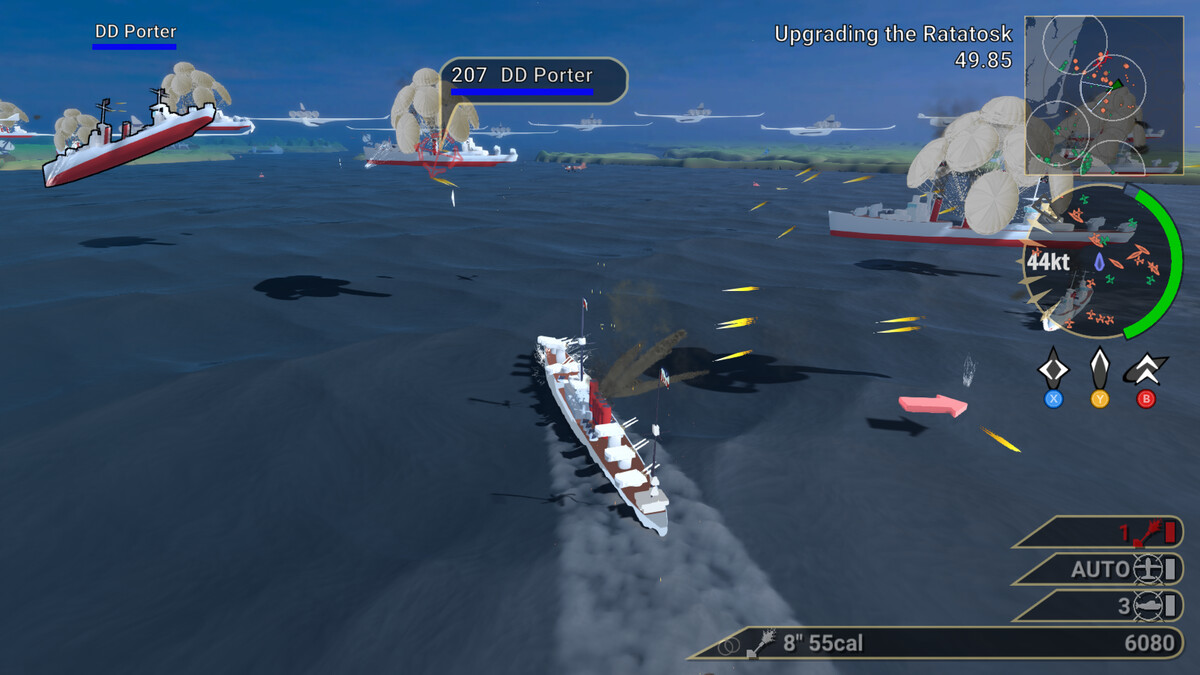 Screenshot of Waves of Steel, showing a group of enemy destroyers paradropping into combat. In the distance, a flight of colossal jets are departing; implicitly, they dropped the ships.