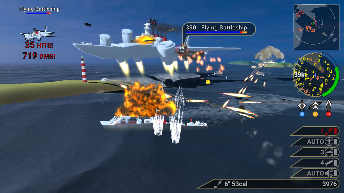 Screenshot of Waves of Steel, showing the player fighting the Flying Battleship, an early boss enemy. It is a massive winged battleship, with rocket boosters holding it aloft.