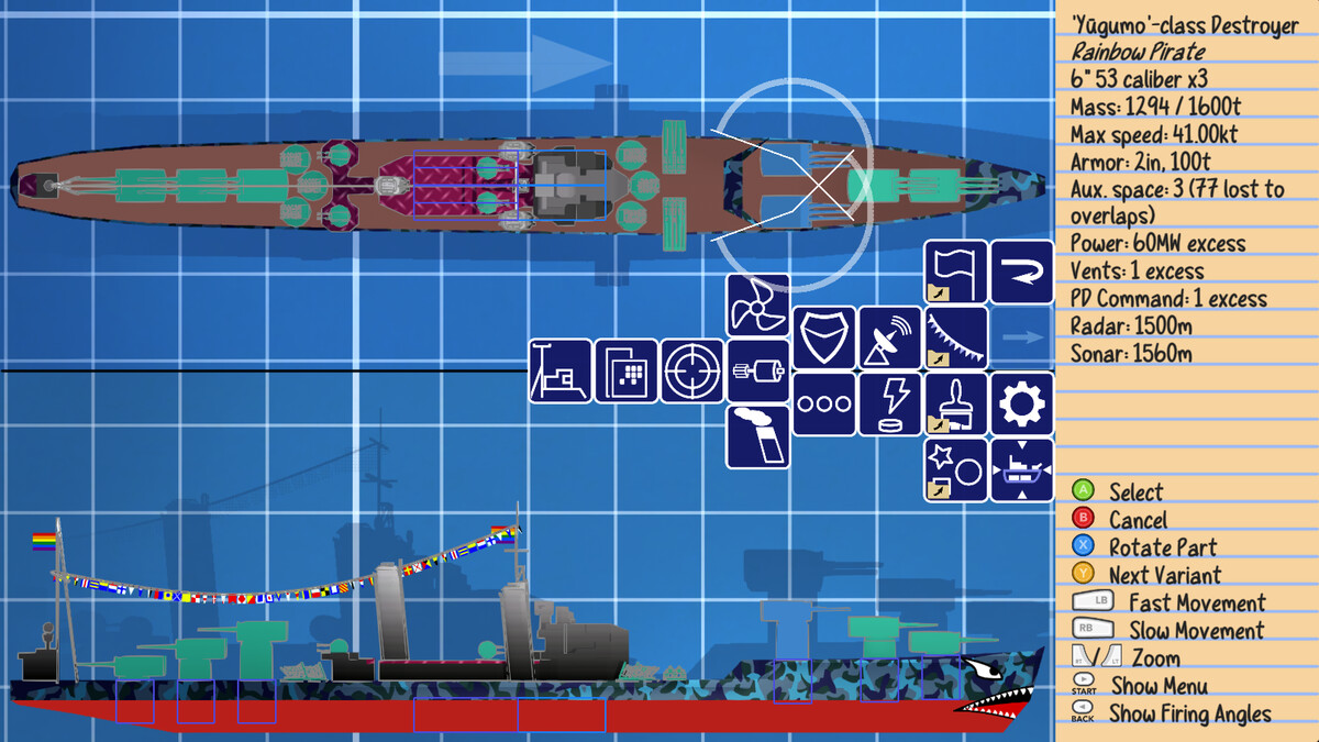 Screenshot of Waves of Steel, showing the ship designer. A destroyer is being built. The destroyer is decorated with flags, paint, and an angry mouth at the prow.