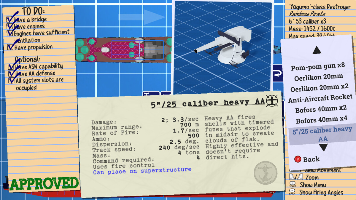 Screenshot of Waves of Steel, showing details of a weapon in the ship designer. The weapon is a 5in heavy anti-aircraft gun (flak gun).